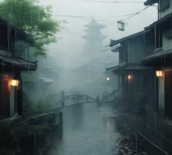 细雨润泽下的诗意小城画卷